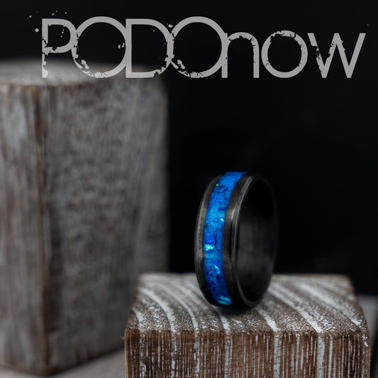 Black Carbon Fiber Blue Glow Ring " CANDY BLUE "  Egyptian Bello Opal With Blue Glow Powder