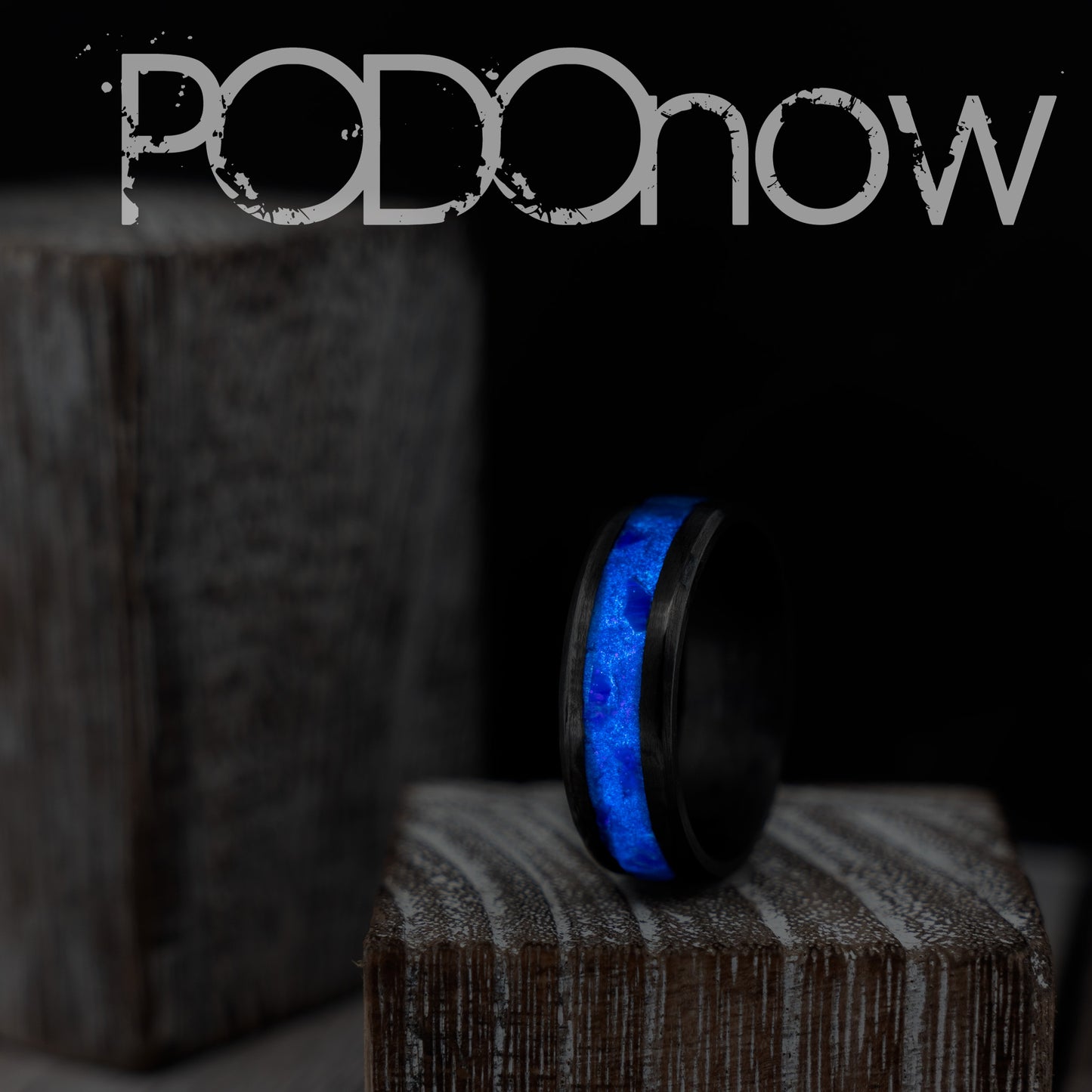 Black Carbon Fiber Blue Glow Ring " CANDY BLUE "  Egyptian Bello Opal With Blue Glow Powder