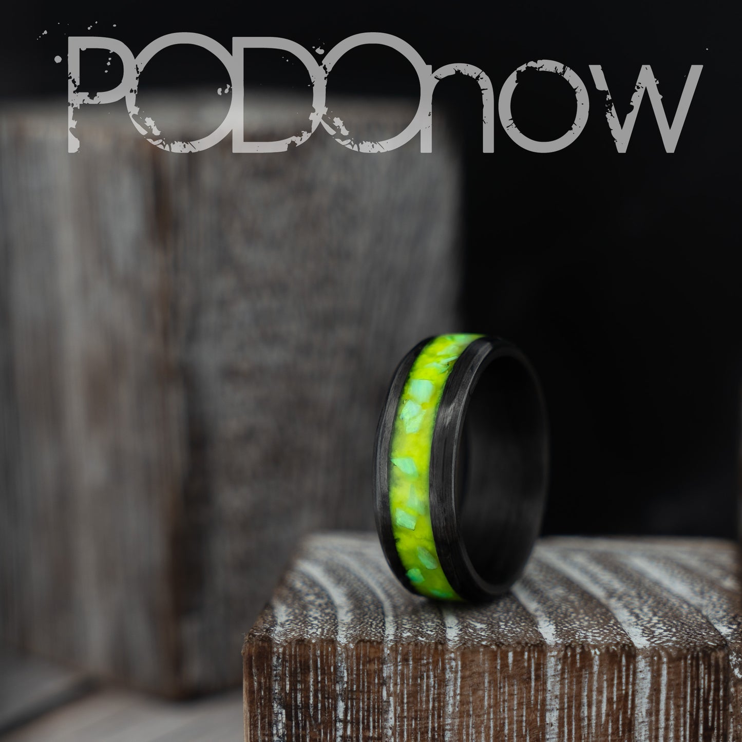 Black Carbon Fiber Green Glow Ring " TOXIC GREEN" Neon Green Bello Opal With Green Glow Powder